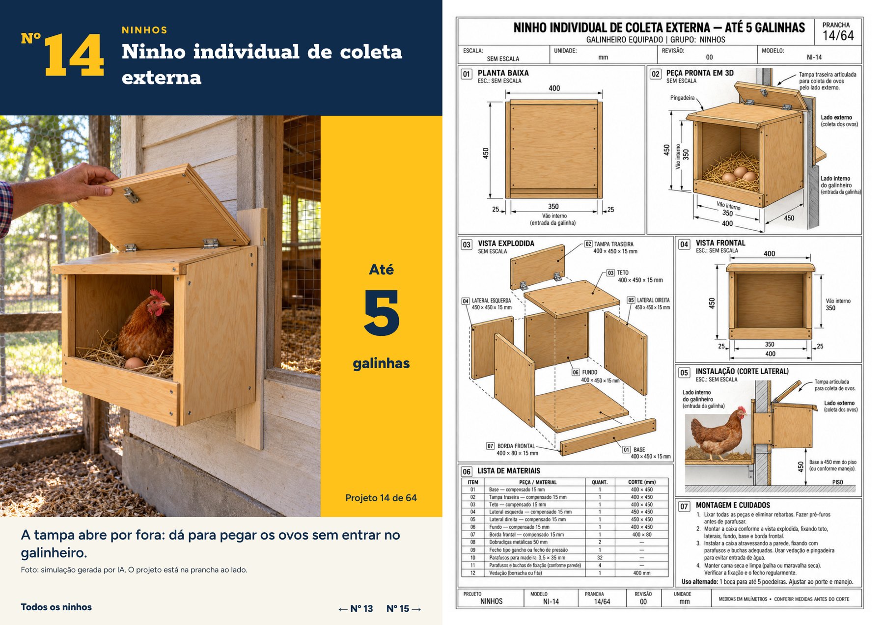 Página do material com o projeto 14, ninho individual com coleta externa